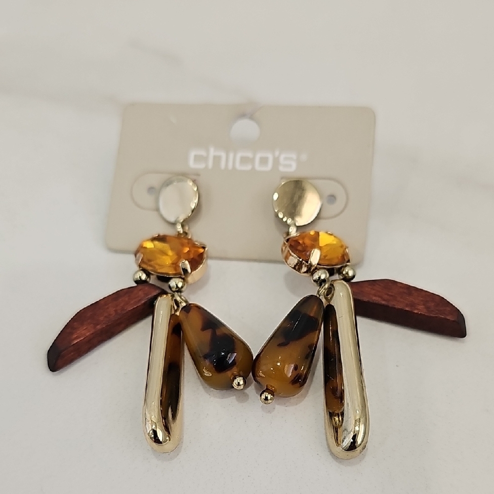 Chico's‎ Multi-textured Drop Earrings Gold-toned Topaz Tourtoise Wood Statement